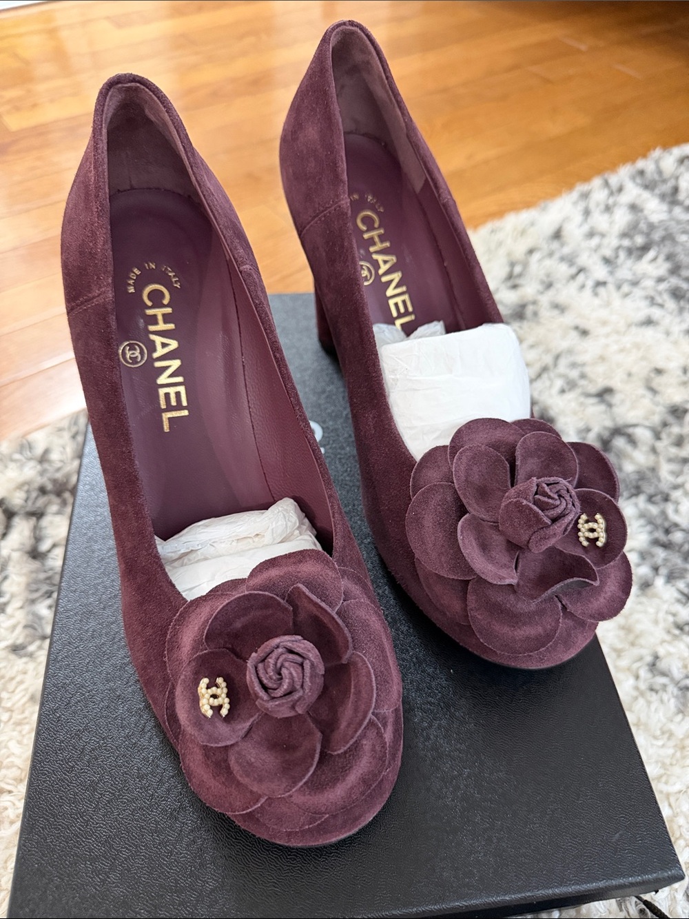 CHANEL Women's Plum Suede Camellia Block Heel Pumps